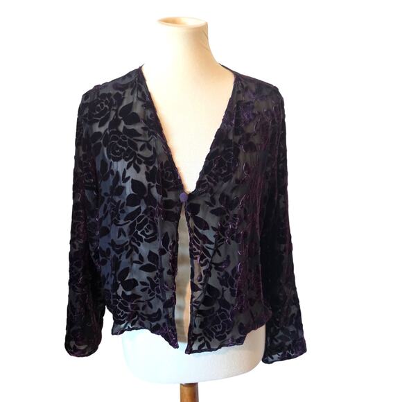 Vintage Velvet Burnout Dark Floral Semi Sheer Top Size Large Purple Whimsigoth - Picture 1 of 4